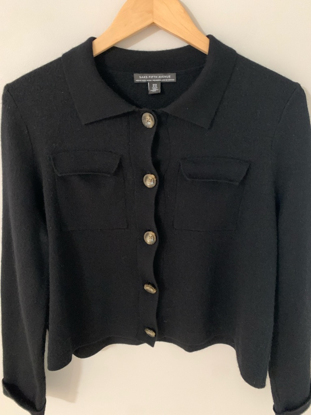 Saks Fifth Avenue Merino Wool Blend Collared Button Up Cardigan Sweater Black XL